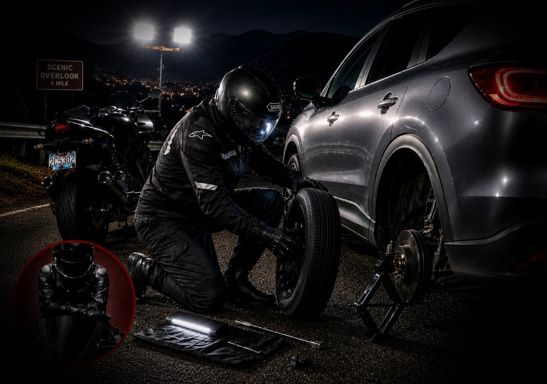 RPM rider in full motorcycle gear changing a tire on a stranded SUV at night — Miami roadside rescue