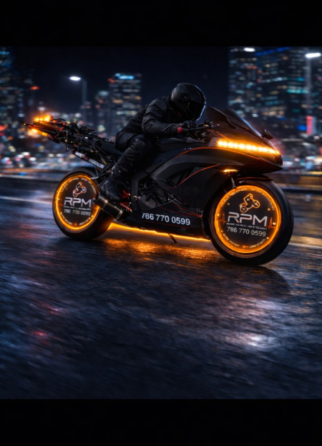 RPM-branded sportbike with glowing orange wheels